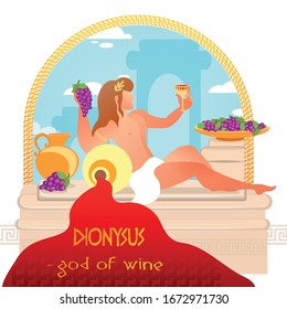 Dionysus Olympian Greek God Sitting With Grapes And Wine Glass Enjoying Life, Ancient Greece Traditions Mythology Hero Eating Fruits And Drinking Alcohol. Cartoon Flat Vector Illustration, Banner