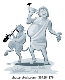 Dionysus and satyr. Greek god isolated on white background. Vector flat gray illustration.