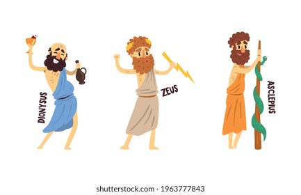 Dionysus, Zeus, Asclepius Greek Gods Set, Ancient Greece Mythology Vector Illustration