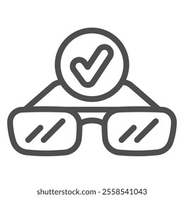 Dioptric eyeglasses and checkmark line icon, optics and human vision concept. Vector graphics. Sunglasses sign on white background, outline style icon for mobile or web design