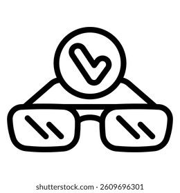 Dioptric eyeglasses and checkmark line icon, optics and human vision concept. Vector graphics. Sunglasses sign on white background, style mobile or design
