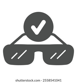 Dioptric eyeglasses and checkmark solid icon, optics and human vision concept. Vector graphics. Sunglasses sign on white background, glyph style icon for mobile or web design
