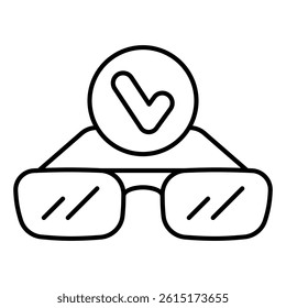 Dioptric eyeglasses and checkmark thin line icon, optics and human vision concept. Vector graphics. Sunglasses sign on white background, style mobile or design