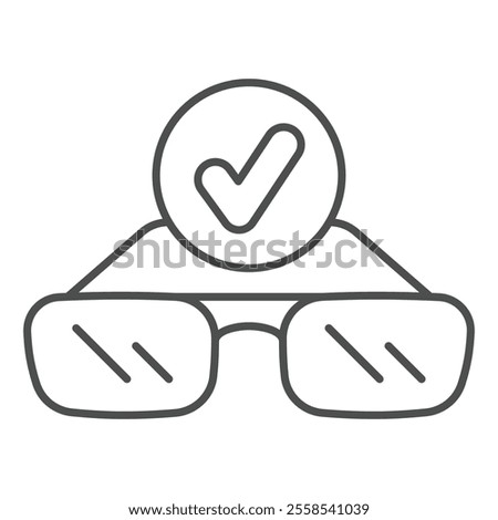 Dioptric eyeglasses and checkmark thin line icon, optics and human vision concept. Vector graphics. Sunglasses sign on white background, outline style icon for mobile or web design