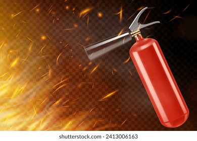 С extintor de incendios de dióxido de carbono aislado en el fondo en llamas. Equipo portátil de extinción de incendios del departamento de bomberos. Herramienta o instrumento profesional. Ilustración vectorial 3D realista