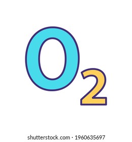 Dioxygen RGB color icon. Oxygen. Chemical, non-metal element. Colorless, tasteless gas. Vital for respiration. Biological reaction. Energy metabolism. Two oxygen atoms. Isolated vector illustration