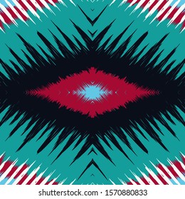 Dip Chevron Vector Seamless Pattern. Scarlet Drawing Tile Indonesian Design. Gloss Carpet Psychedelic Print. Azure Shibori Arabic Uzbek Texture. Ethnic Abstract Background