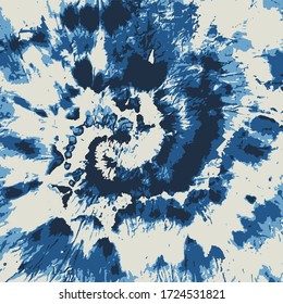 Dip Dyed Flower Vector. Bohemian Circle. Navy Ink Textile Print. Psychedelic Tie Dye Fashion. Blue Ornament. Watercolor Brush Effect. Artistic Hypnotic Spiral. 