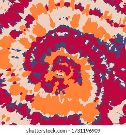 Dip Dyed Flower Vector. Bohemian Spiral. Blue Ink Fashion. Hypnotic Shibori Illustration. Painting. Watercolor Brush Paint. Bright Colors Psychedelic Circle. Red Orange Funky Brush.