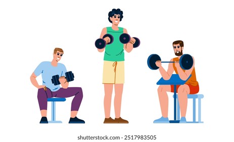 exercícios de aptidão dip braço vetor. prancha chinup, extensão de imprensa, flex stretch exercícios de aptidão caráter braço. pessoas desenho animado plano ilustração