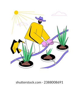 Dip irrigation system isolated cartoon vector illustrations. Farmer installs dip irrigation system, agribusiness industry, agricultural input sector, sprinkling equipment vector cartoon.