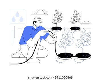 Sistema de riego por goteo aislado ilustraciones de vectores de dibujos animados. Los agricultores instalan sistemas de riego de agua potable, industria agroindustrial, sector de insumos agrícolas, caricatura vectorial de equipos rociadores.