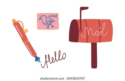 Dip-Pen- und Mail-Box mit Poststempel als Postsymbol-Vektor-Set