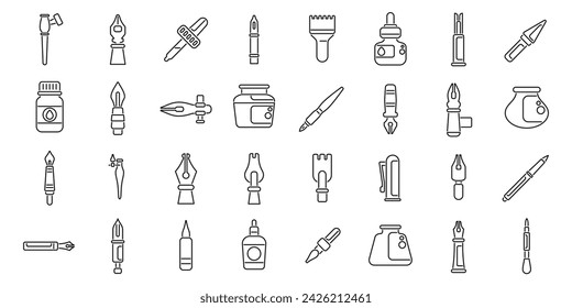 Iconos de herramientas de plumilla de inmersión para definir el vector de contorno. Tinta de arte. Accesorios