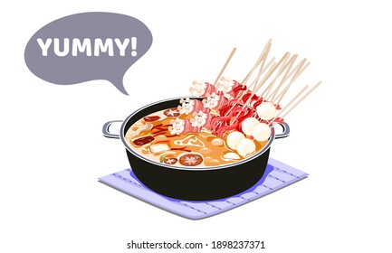 Dip pot ma la with soup in a pot on white background. Isolated close up vector illustration.