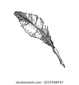 Pluma de pluma de inmersión dibujada a mano. Pergamino de pergamino, manuscrito antiguo, scribe vintage pluma de inmersión boceto de Vector. ilustración negra aislada