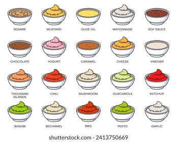 Dip sauce bowl icons of ketchup, mustard, mayonnaise and spicy seasonings, vector set. Barbecue dipping sauce bowls of tomato, soy sauce, chili pepper or cheese cream and sweet caramel for dressing