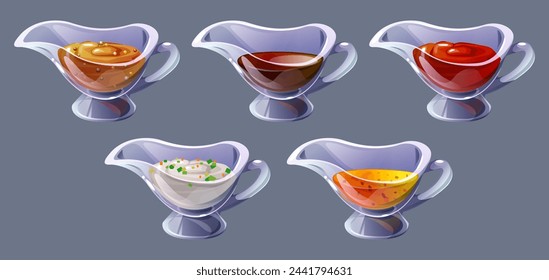 Dip sauce bowl set with mustard, mayonnaise, ketchup and cheese cream. Bbq and yogurt condiment dressing cartoon design. Different salad ingredient cup in menu. Yellow sour yoghurt and mayo for dish