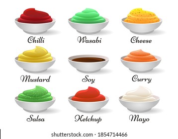 Dip sauce bowls. Guacamole and salsa dippings, mayo and tomato organic sauces for snacks cartoon vector illustration