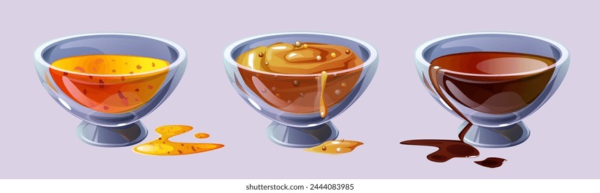 Dip sauce in glass bowl for food seasoning with drops and splatters. Cartoon vector illustration set spicy condiment with spilled droplets - container with dijon mustard, honey, soy or chocolate gravy