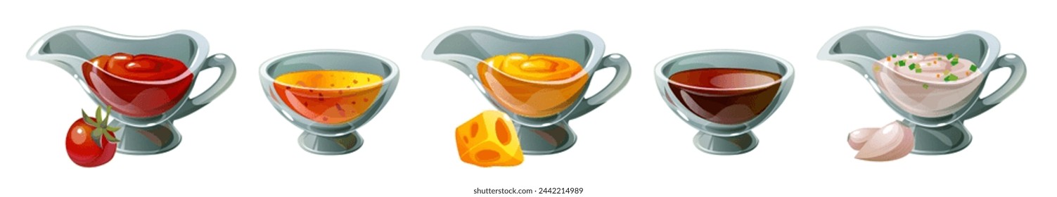 Dip sauce in glass bowl with ingredients. Cartoon vector illustration set of food seasoning and spicy condiment - ketchup or bbq with tomato, mayonnaise with garlic, cheese and soy gravy, mustard.