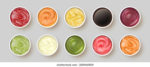 Dip sauces top view. Bowls with mayonnaise, tomato ketchup, mustard, pesto, curry and guacamole. Realistic spicy seasoning sauce vector set. Illustration dip sauce, spice and white