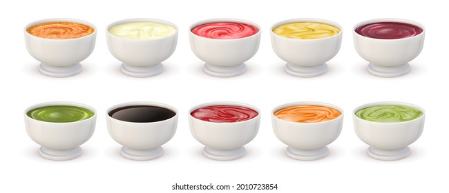 Dip sauces top view. Bowls with mayonnaise, tomato ketchup, mustard, pesto, curry and guacamole. Realistic spicy seasoning sauce vector set. Illustration spice seasoning tomato