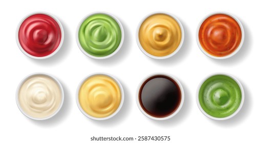 Dip sauces top view. Vector isolated realistic icons set of tasty additions and dressings for salads and dishes. Mayonnaise and curry, mexican guacamole and tomato ketchup, mustard and pesto