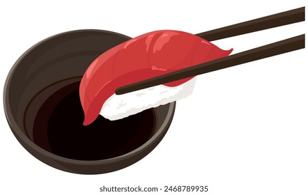 Dip the tuna sushi in soy sauce. Vector illustration.