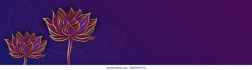 Dipavali panoramic banner with golden Happy Diwali hand drawn linear lotus flowers (water lily) over a purple background with copy space for text. Holiday Invitation header with Nelumbo nucifera