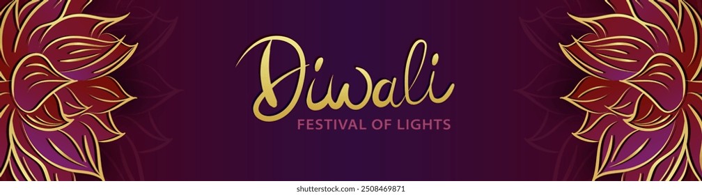 Dipavali panoramic banner with golden Happy Diwali hand drawn lettering over a maroon background, framed by linear golden and purple lotus flowers. Holiday header or billboard with Nelumbo nucifera