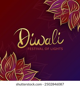 Dipavali square greeting card with golden Happy Diwali hand drawn lettering over a maroon background, framed by linear golden and purple lotus flowers. Holiday Invitation Poster with Nelumbo nucifera
