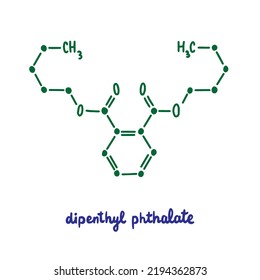 Fórmula vectorial extraída a mano Dipentilftalato estructura química con membrana de estimulante verde azul