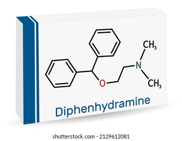 Difenildramina, molécula. Es un antihistamínico receptor H1 utilizado en el tratamiento de alergias estacionales. Fórmula química esquelética. Empaquetado de papel para medicamentos. Ilustración del vector