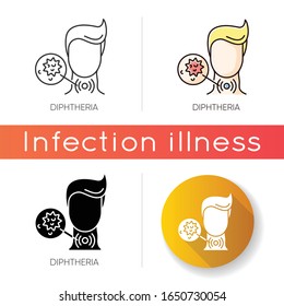 Diphtheria icon. Linear black and RGB color styles. Contagious infectious disease, dangerous oral infection. Medical diagnosis. Sore throat, breath difficulties. Isolated vector illustrations