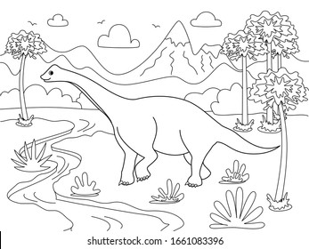 Diplodocus Animal. Children coloring. Black lines, white background. Cartoon vector illustration