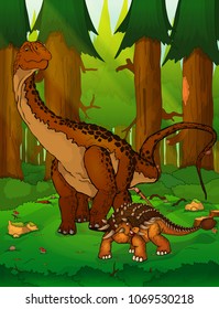 Diplodocus and ankylosaurus on the background of forest