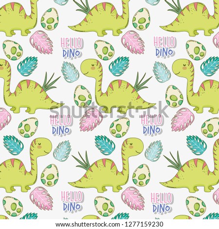 diplodocus with dino eggs and leaves background