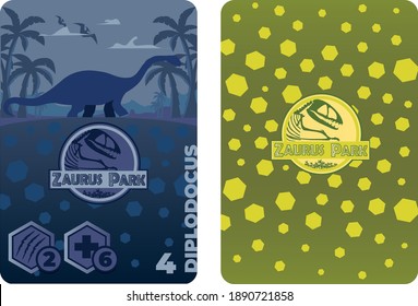 Diplodocus dinosaur game card or poster. Dinosaurs adventure park poster prehistoric world dinosaurs silhouette and a place for text vector illustration.