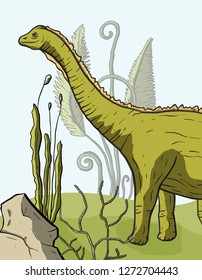 Diplodocus Dinosaur in its habitat. Jurassic and Cretaceous animal. Prehistoric vector dino card.