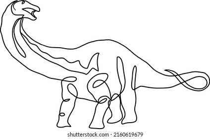 Diplodocus dinosaur hand drawn one line drawing black and white vector design. Continuous single line drawing of a long neck dino. Ideal for poster, card, banner, flyer, logo, and emblem.