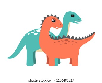 Diplodocus and dinosaur set collection of dinosaurs, prehistoric creatures with spikes and long neck, vector illustration isolated on white background