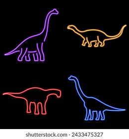 diplodocus group neon icons, vector illustration on black background.
