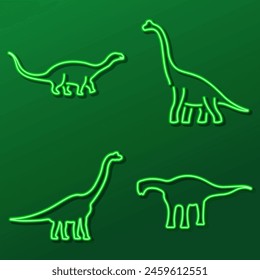 diplodocus group neon icons, vector illustration on black background.