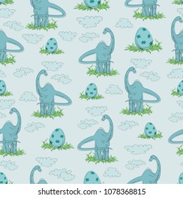 DIPLODOCUS. Herbivorous dinosaur and egg in a grass. Seamless pattern. Hand-drawn dinosaur. Animal vector illustration. Design for children's textiles, background image for packaging materials. 