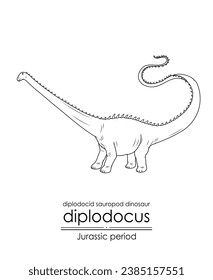 Diplodocus, a Jurassic period diplodocid sauropod dinosaur. Herbivorous creature characterized by its long neck and tail. Black and white line art, perfect for coloring and educational purposes.