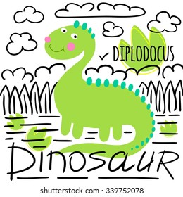 Diplodocus with lettering on a white background isolated. Dinosaur background.