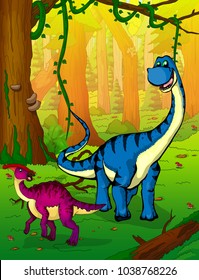 Diplodocus on the background of forest.