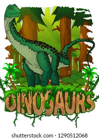 Diplodocus on the background of the forest. Vector logo. Dinosaur world