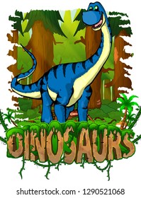Diplodocus on the background of the forest. Vector logo. Dinosaur world